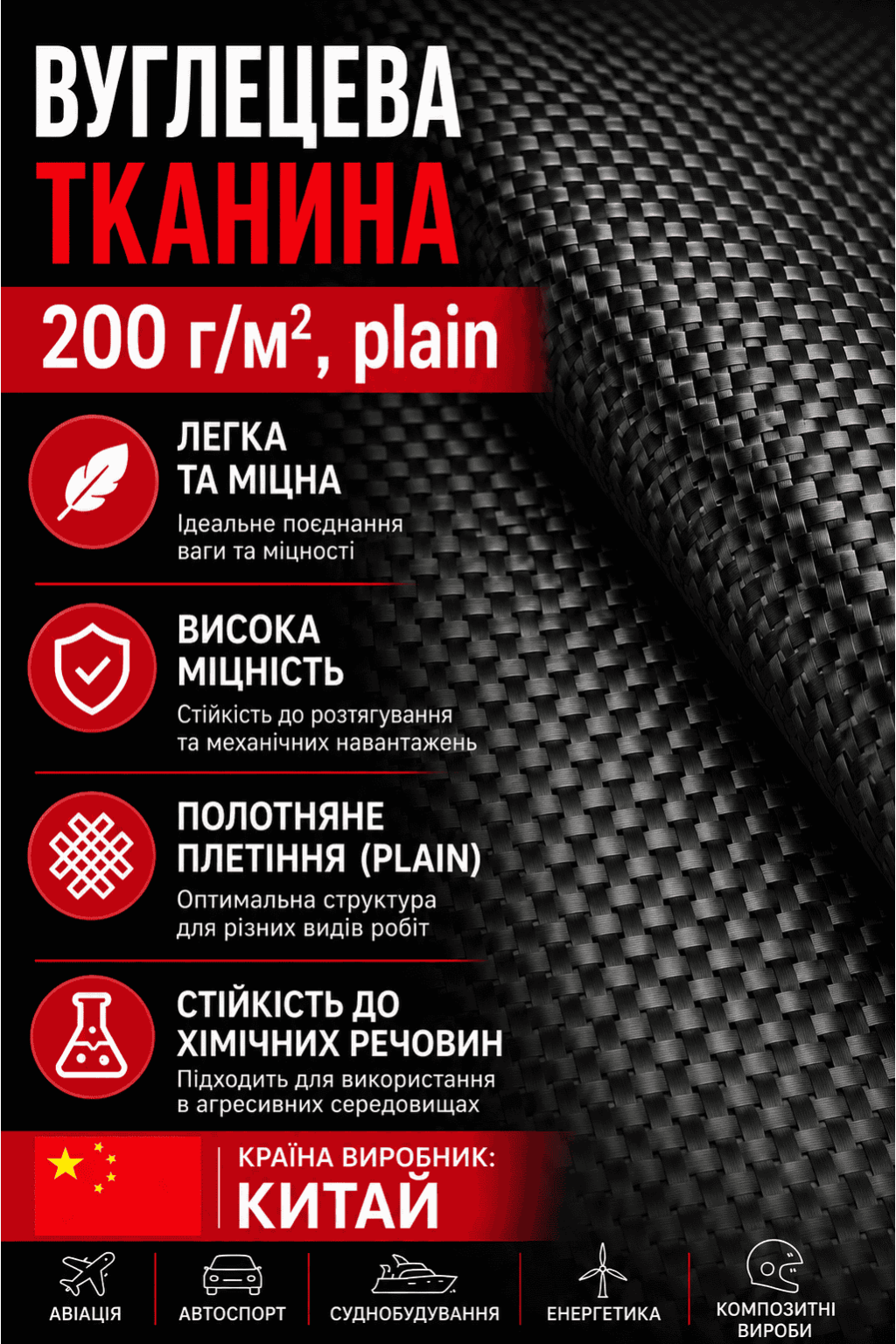 Вуглецева тканина 200 г/м², plain Китай