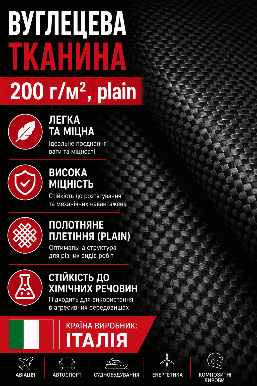 Вуглецева тканина 200 г/м², plain Італія
